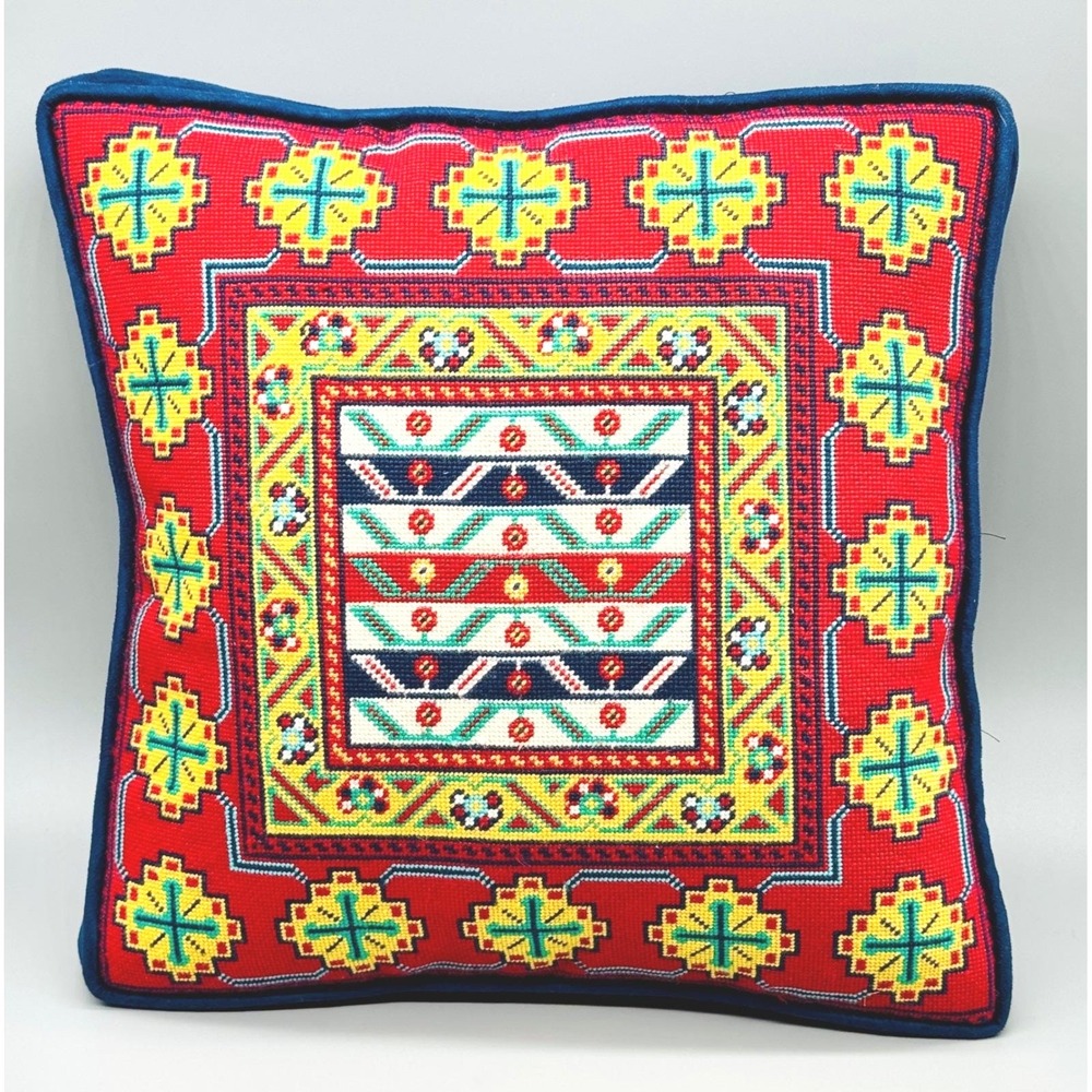 Needlepoint Pillow Geometric Handcrafted Vintage Home Decor 15 inch